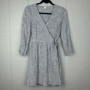 Old Navy Blue White Pinstripe Mini Wrap Dress 3/4 Sleeves V-neck Size XS